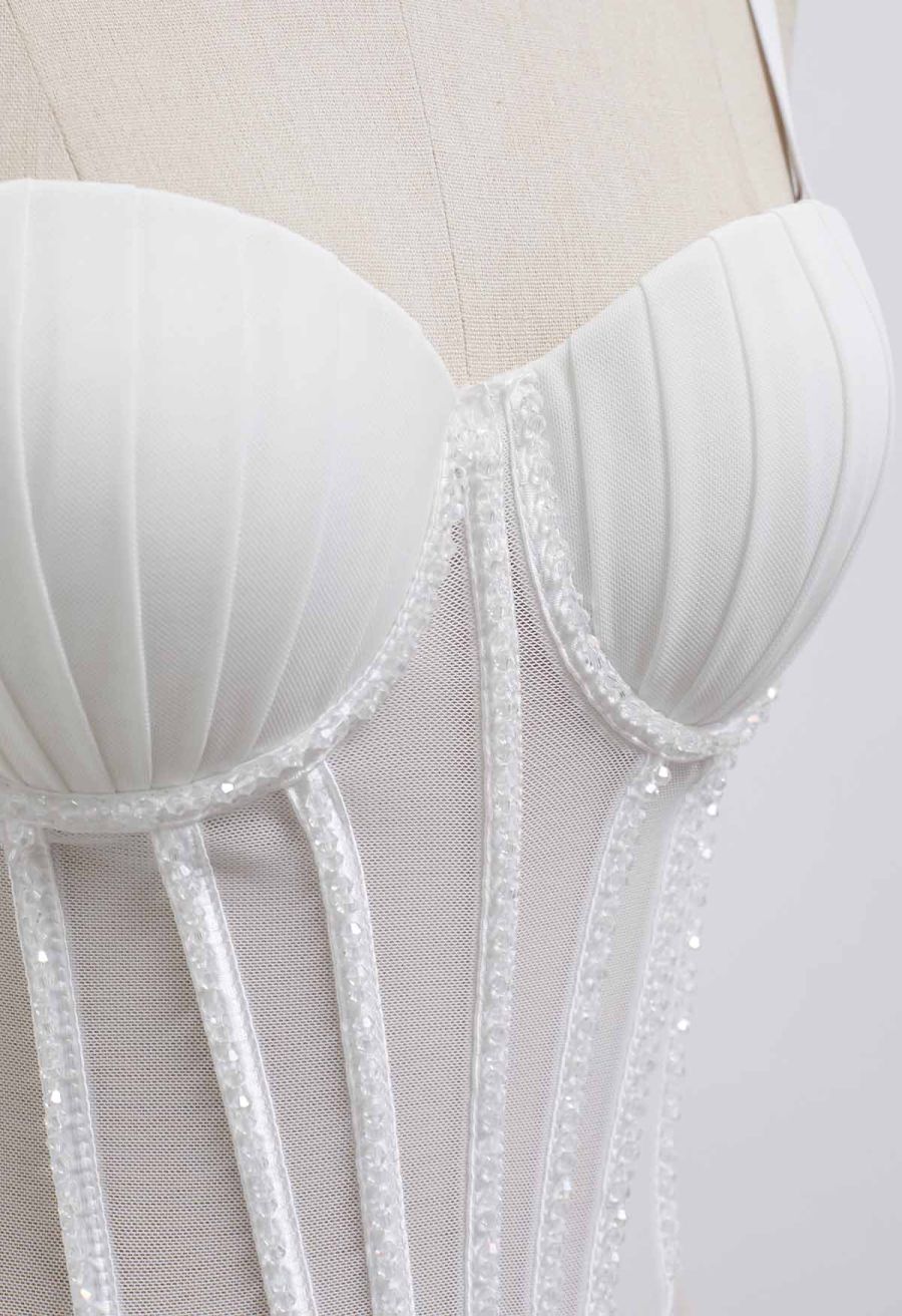 Bead Embellished Pleated Mesh Bustier Top in White