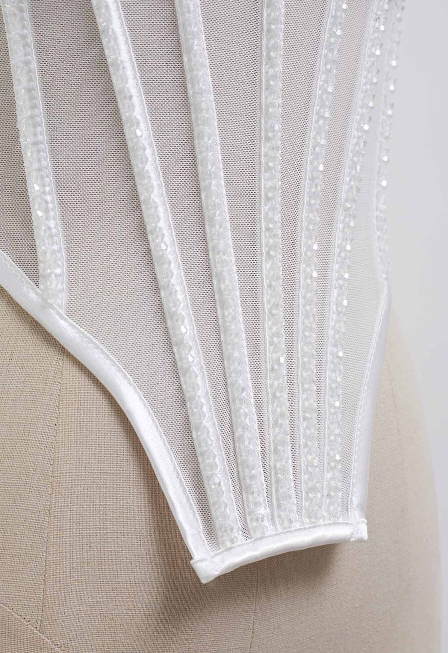 Bead Embellished Pleated Mesh Bustier Top in White