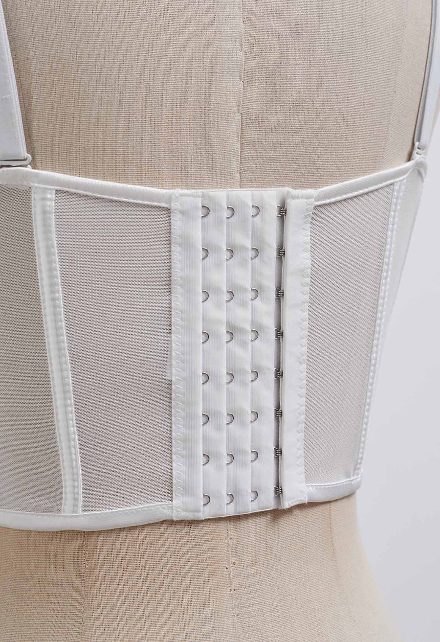 Bead Embellished Pleated Mesh Bustier Top in White