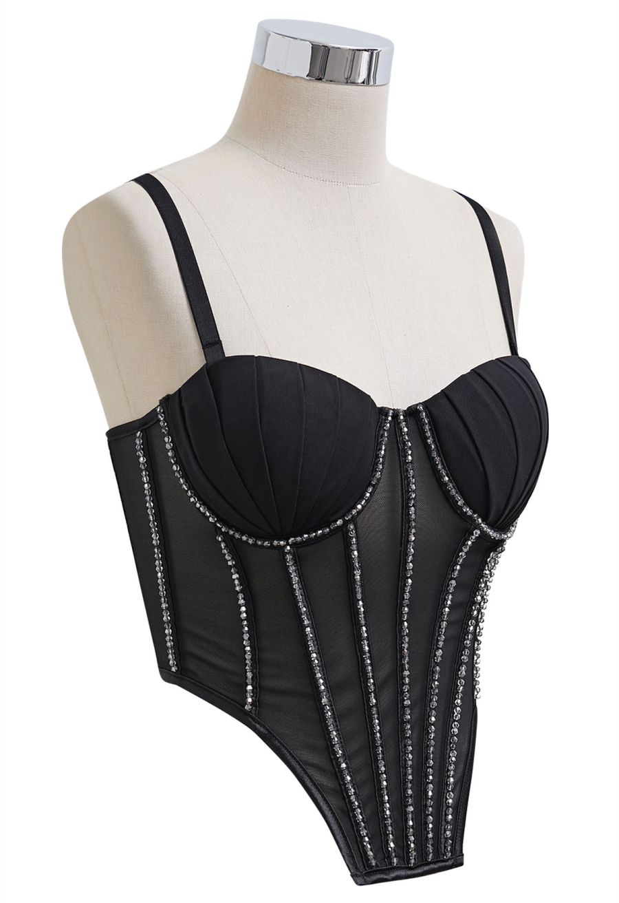 Bead Embellished Pleated Mesh Bustier Top in Black