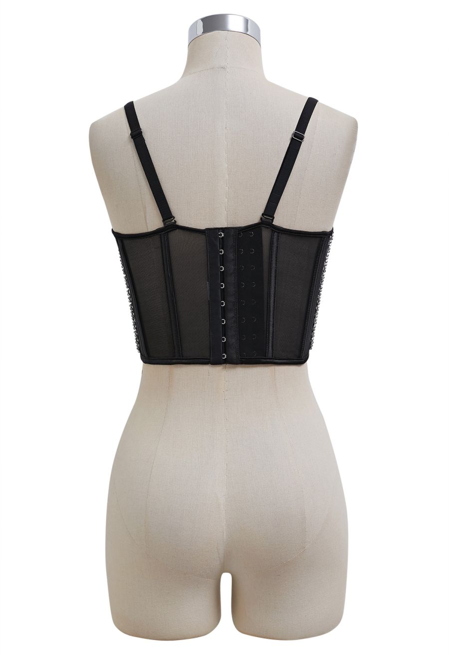 Bead Embellished Pleated Mesh Bustier Top in Black
