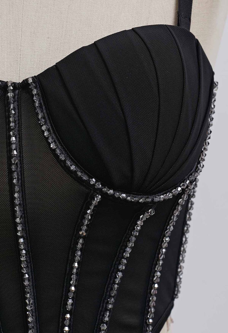 Bead Embellished Pleated Mesh Bustier Top in Black