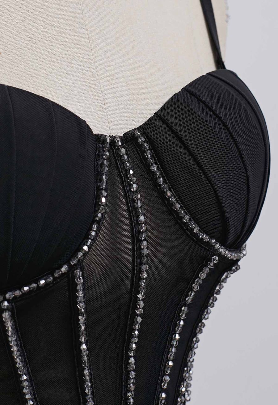 Bead Embellished Pleated Mesh Bustier Top in Black