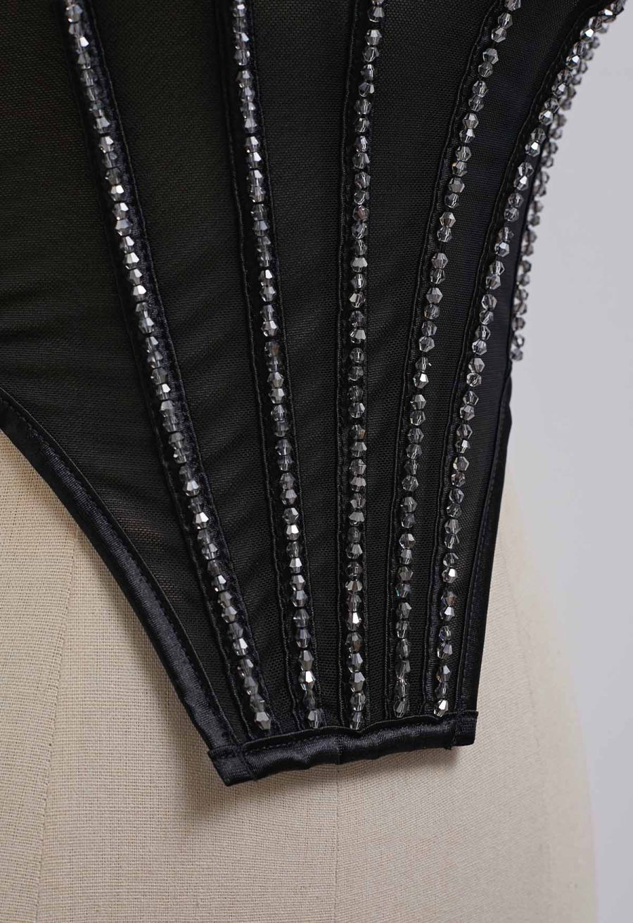 Bead Embellished Pleated Mesh Bustier Top in Black