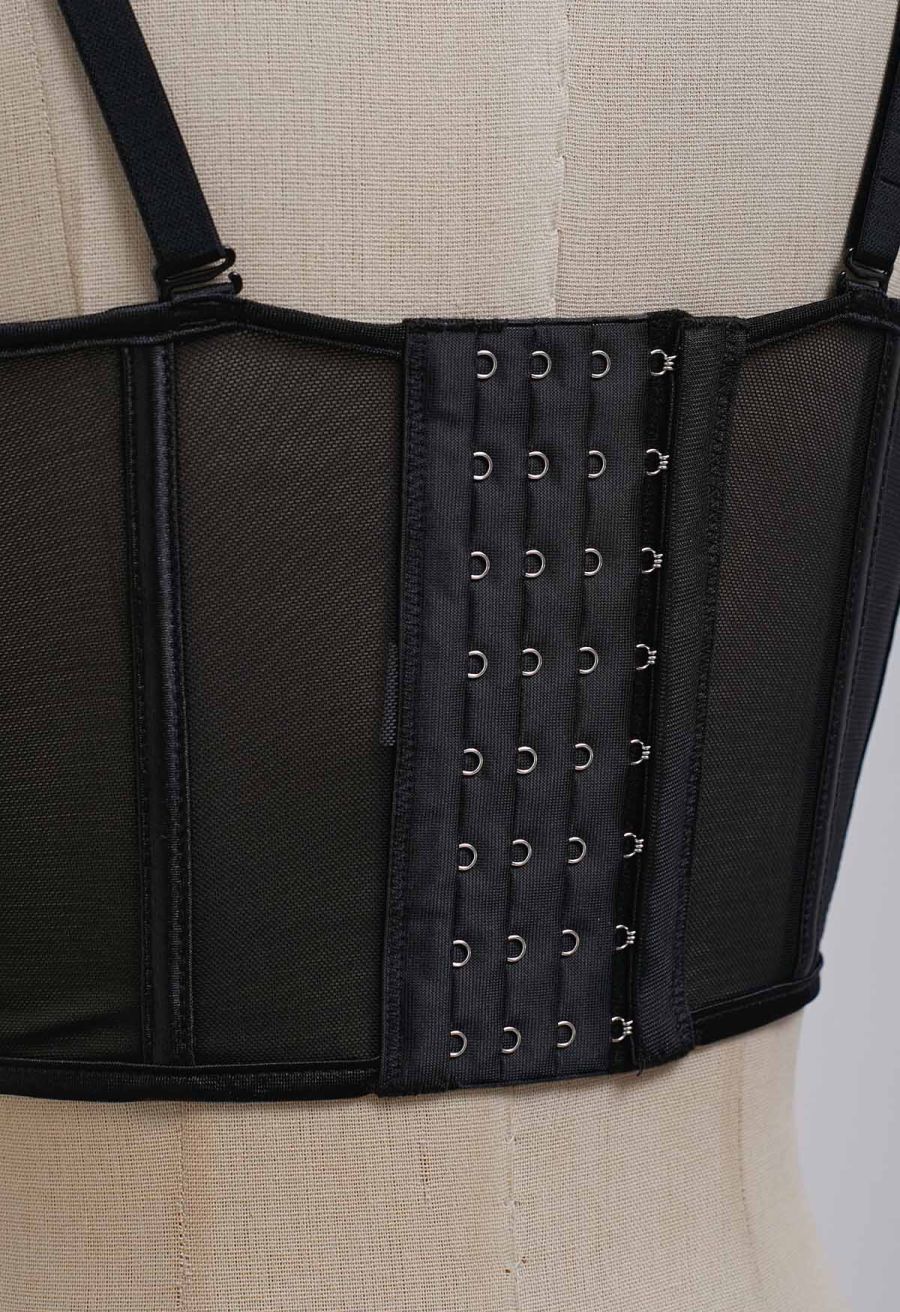 Bead Embellished Pleated Mesh Bustier Top in Black