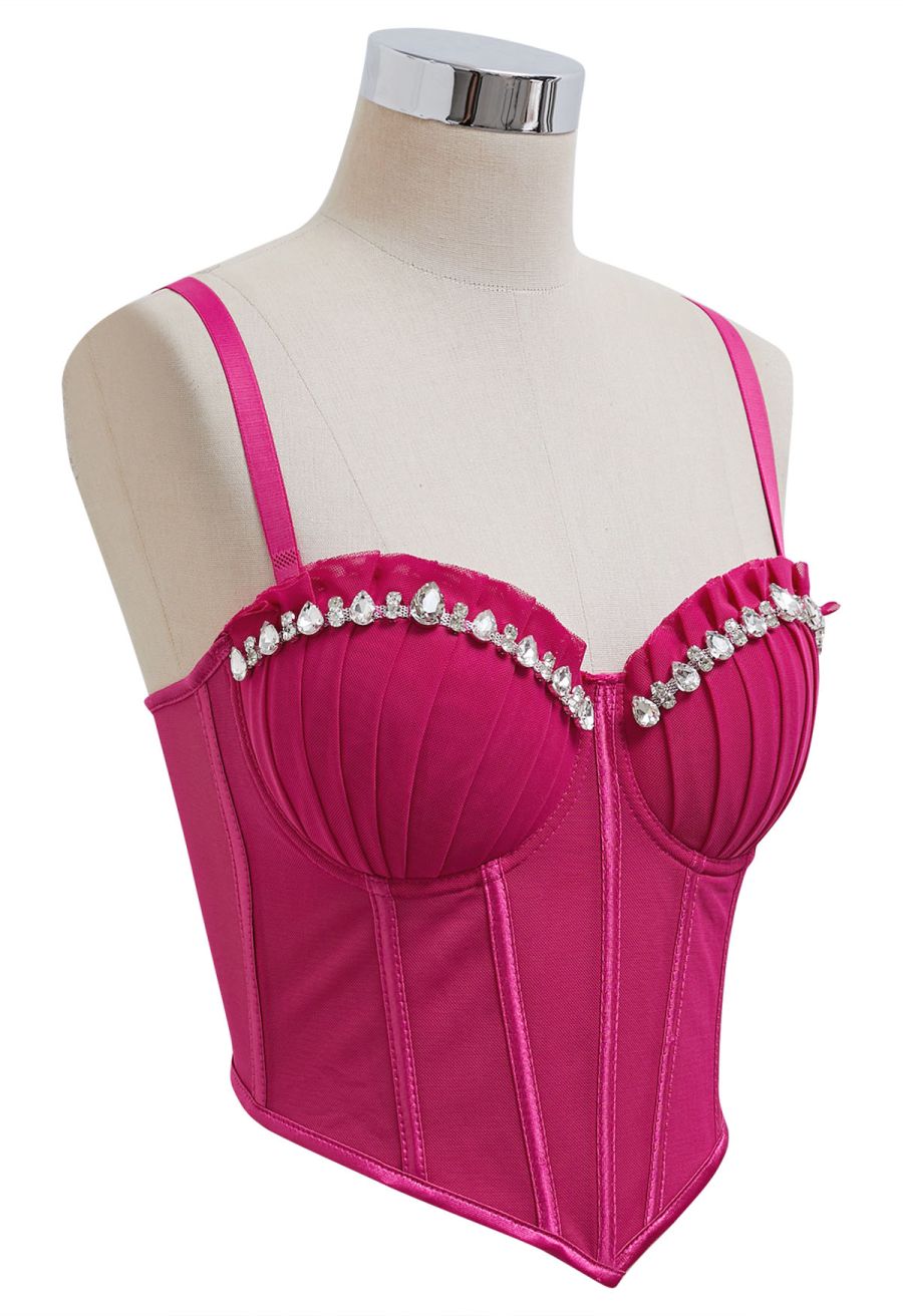 Pear-Shaped Rhinestone Pleated Mesh Bra Top in Hot Pink