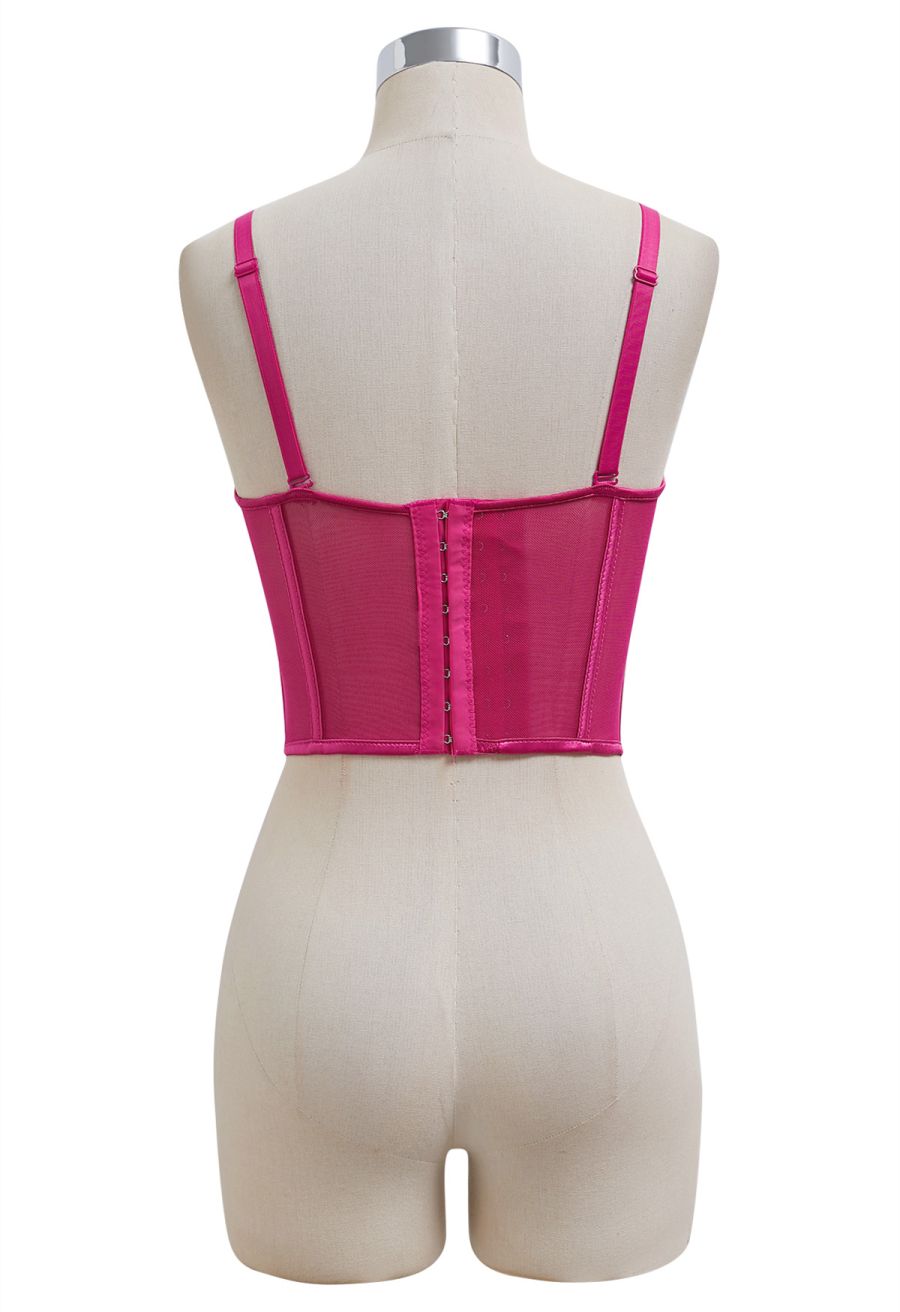 Pear-Shaped Rhinestone Pleated Mesh Bra Top in Hot Pink
