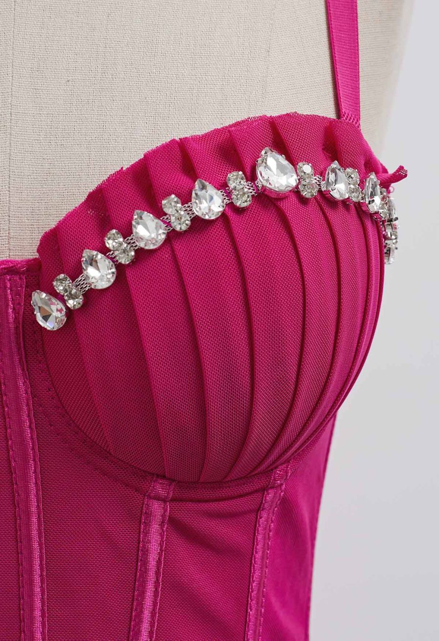 Pear-Shaped Rhinestone Pleated Mesh Bra Top in Hot Pink