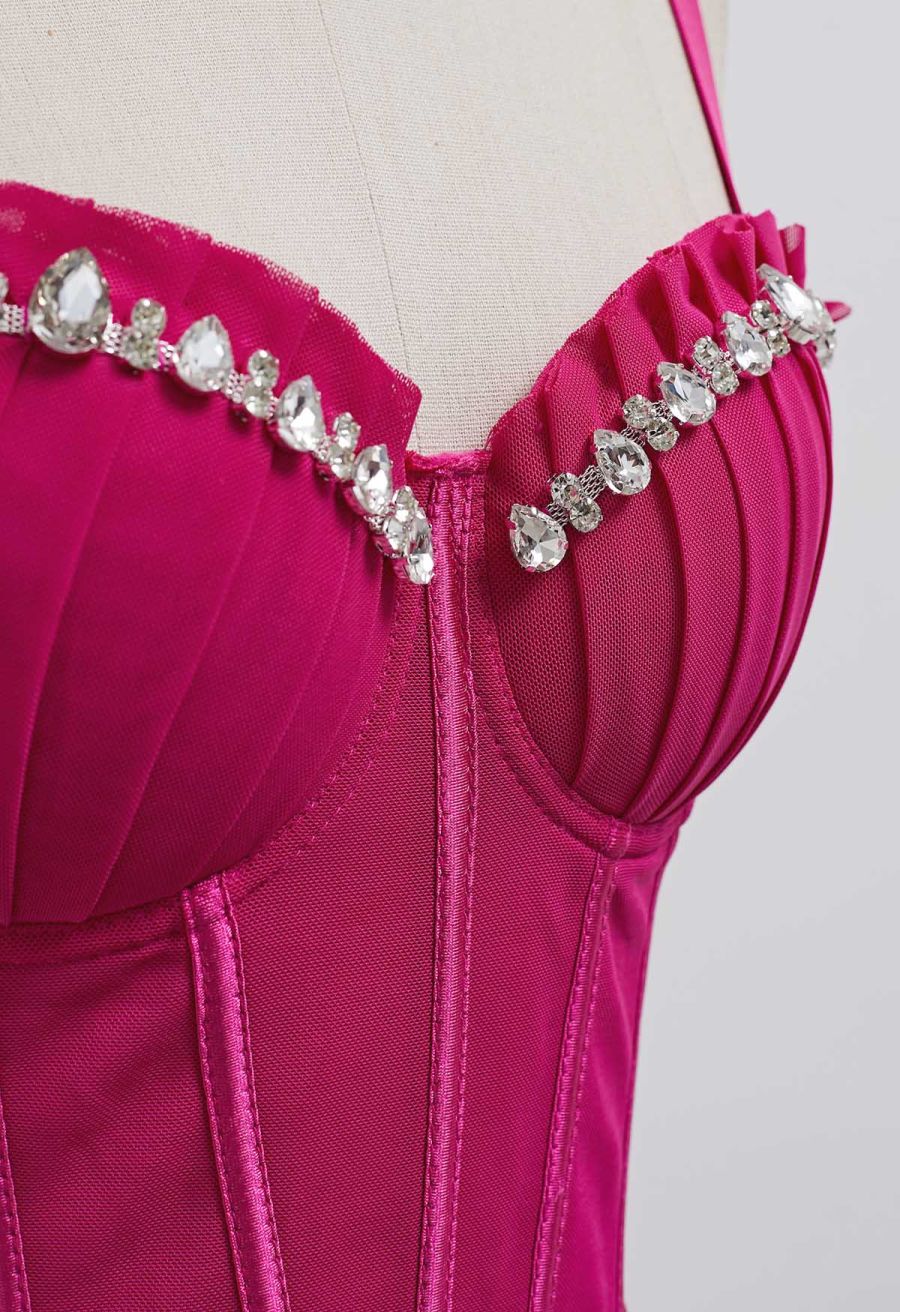Pear-Shaped Rhinestone Pleated Mesh Bra Top in Hot Pink