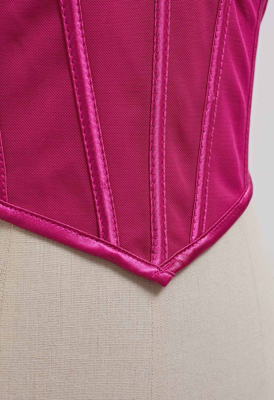 Pear-Shaped Rhinestone Pleated Mesh Bra Top in Hot Pink