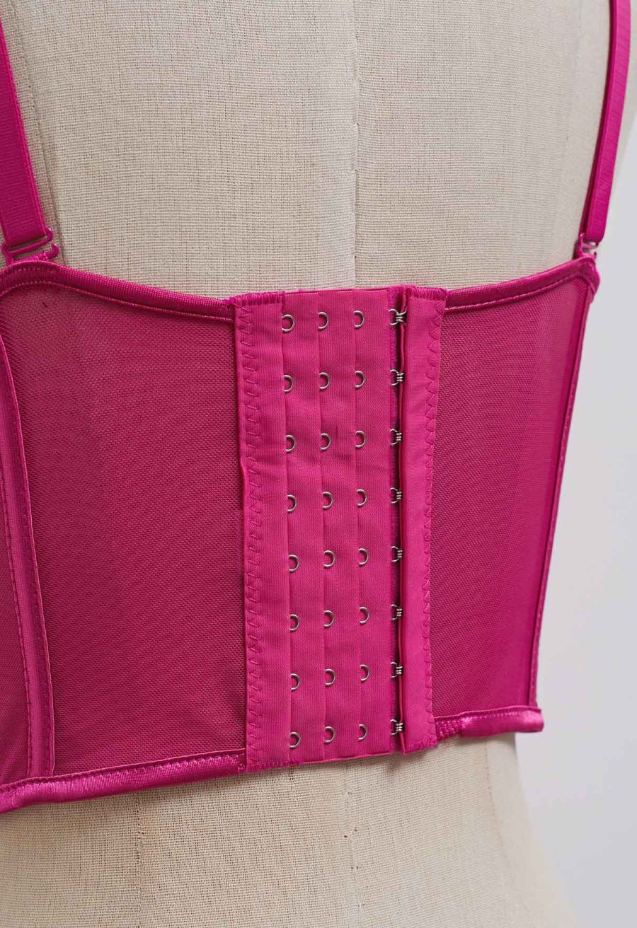 Pear-Shaped Rhinestone Pleated Mesh Bra Top in Hot Pink