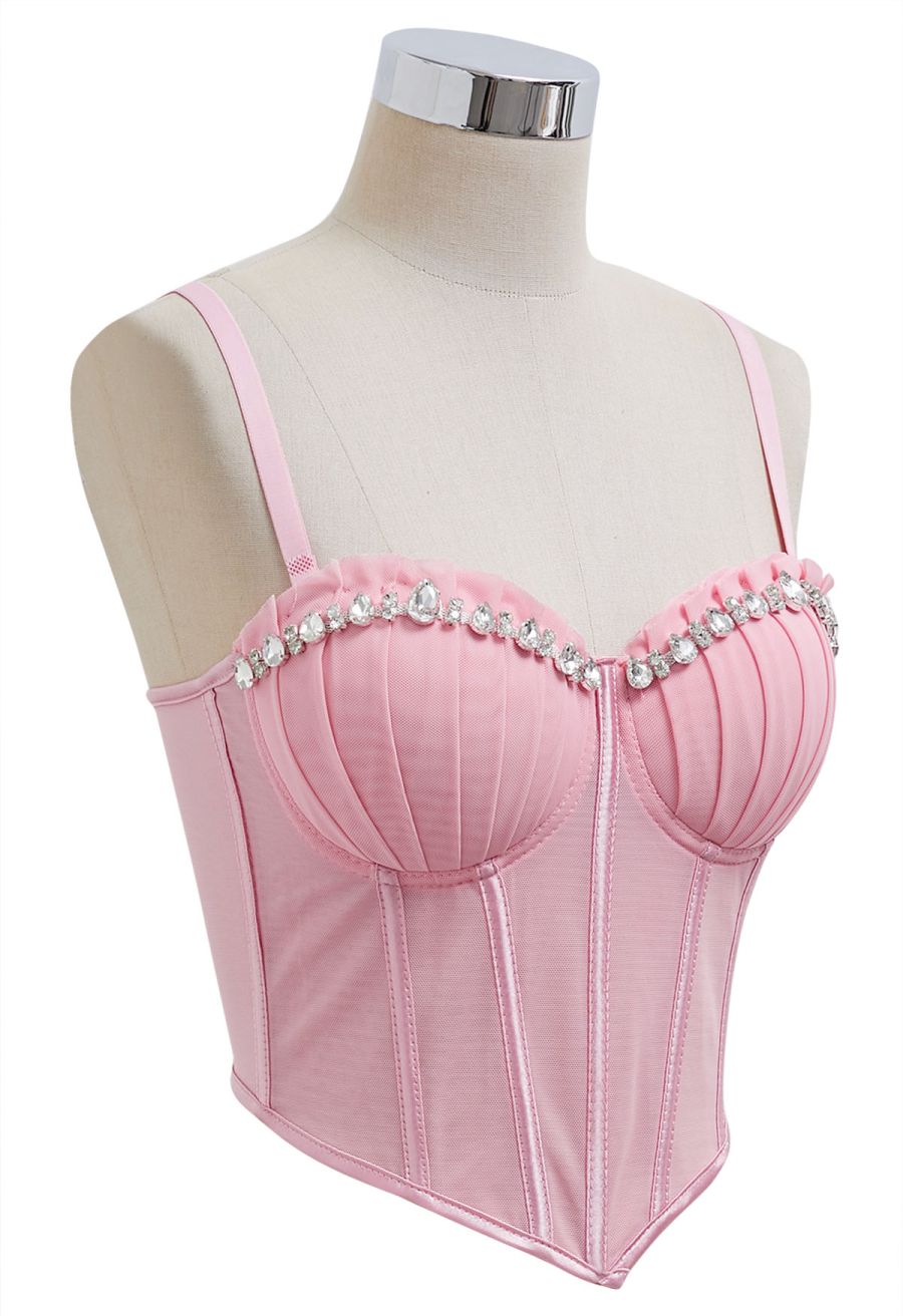 Pear-Shaped Rhinestone Pleated Mesh Bra Top in Pink