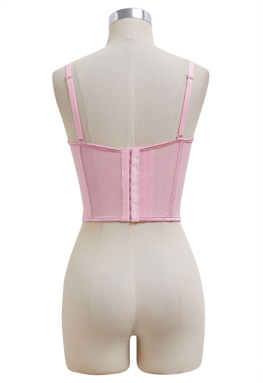 Pear-Shaped Rhinestone Pleated Mesh Bra Top in Pink