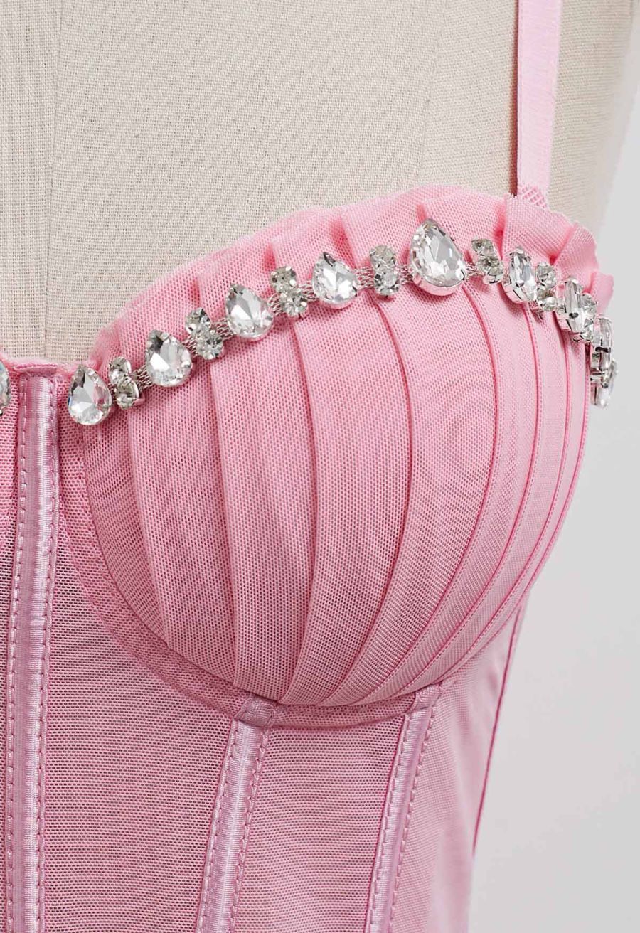 Pear-Shaped Rhinestone Pleated Mesh Bra Top in Pink