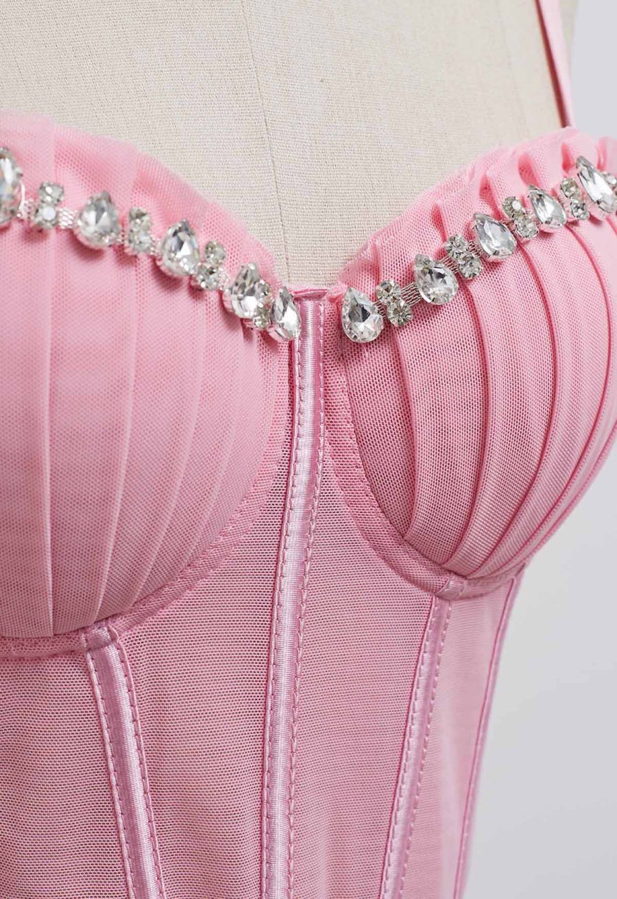Pear-Shaped Rhinestone Pleated Mesh Bra Top in Pink