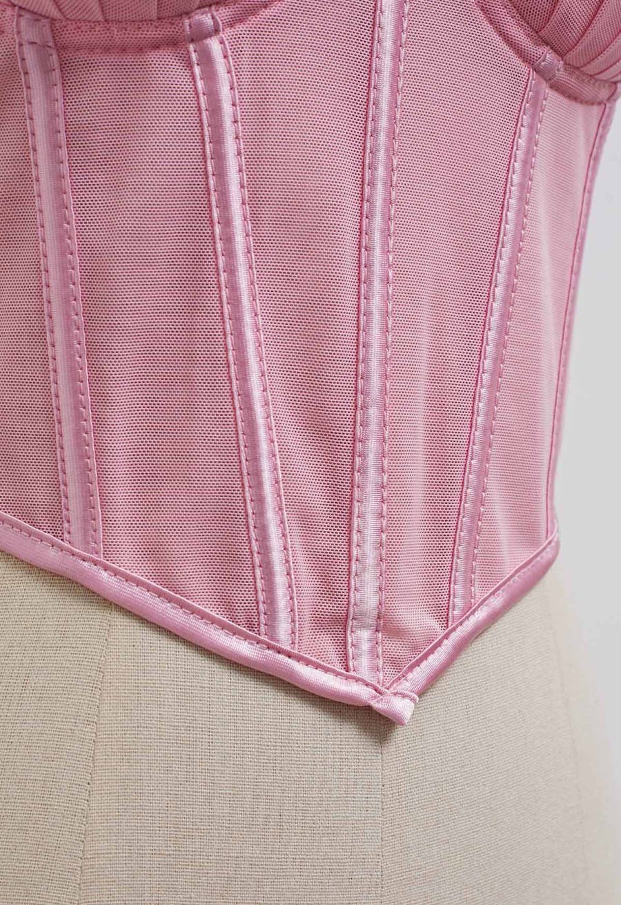 Pear-Shaped Rhinestone Pleated Mesh Bra Top in Pink