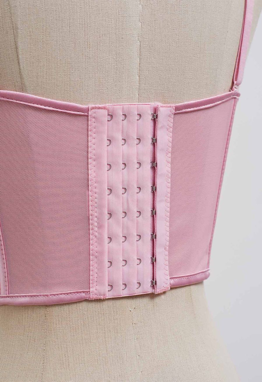 Pear-Shaped Rhinestone Pleated Mesh Bra Top in Pink