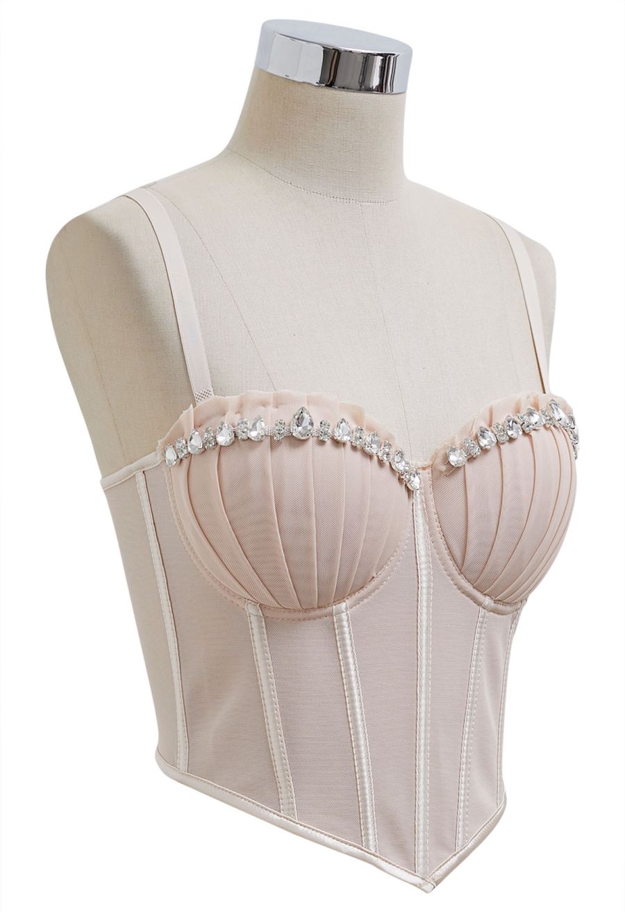 Pear-Shaped Rhinestone Pleated Mesh Bra Top in Nude