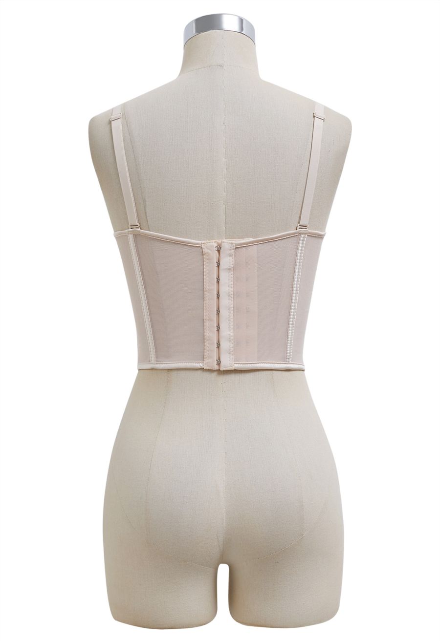 Pear-Shaped Rhinestone Pleated Mesh Bra Top in Nude