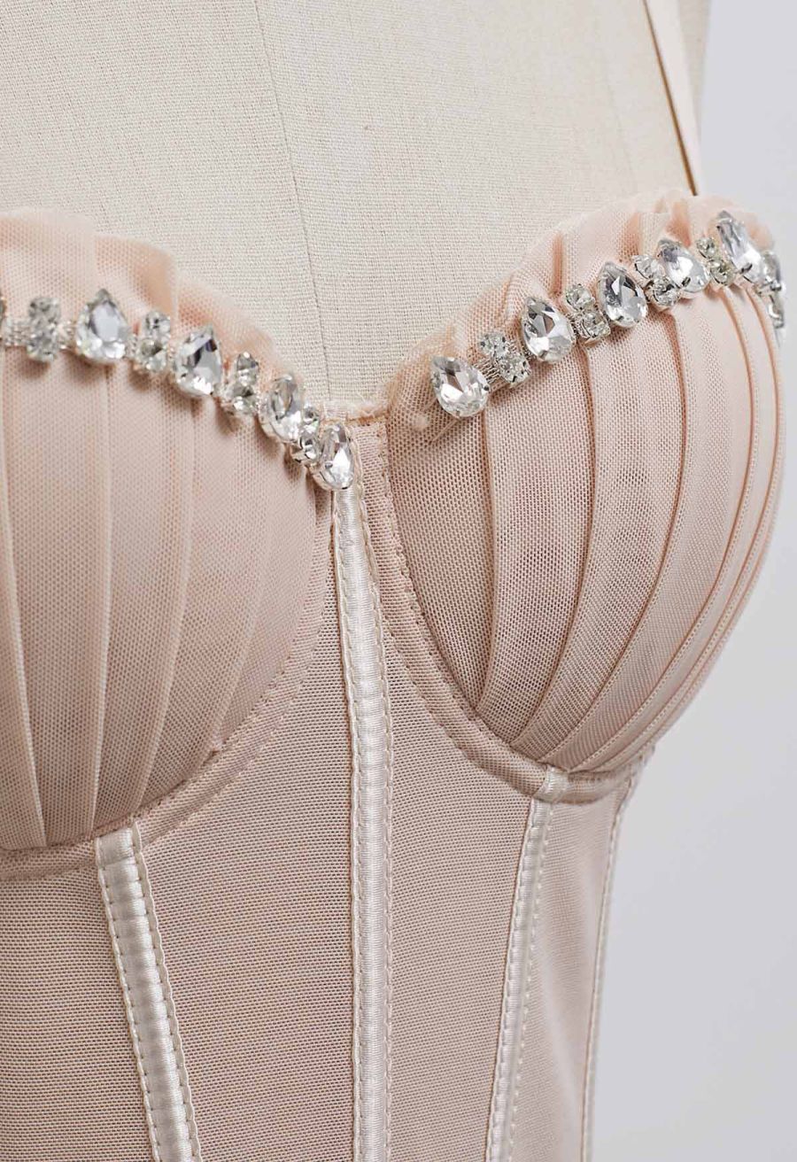 Pear-Shaped Rhinestone Pleated Mesh Bra Top in Nude