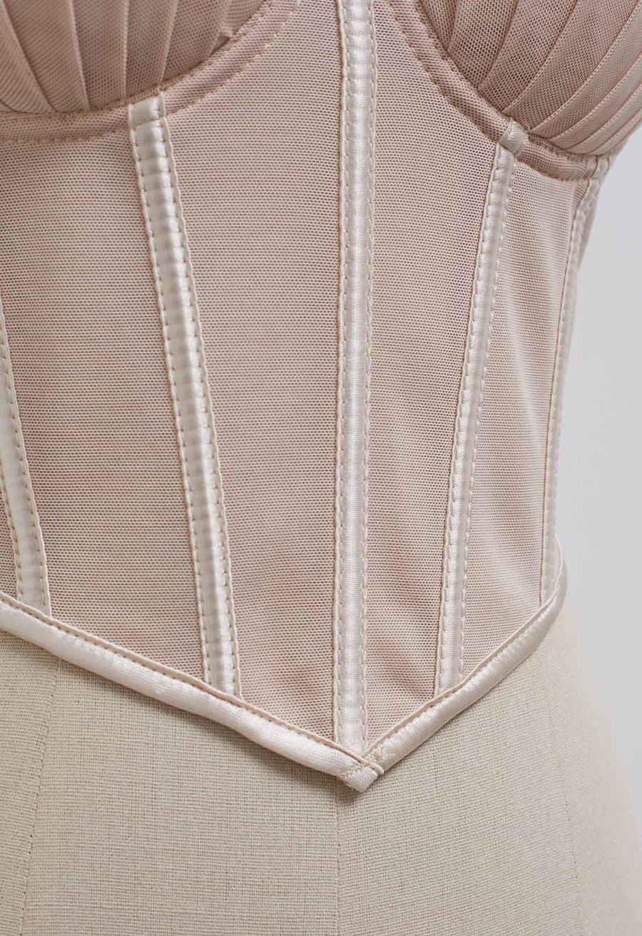 Pear-Shaped Rhinestone Pleated Mesh Bra Top in Nude