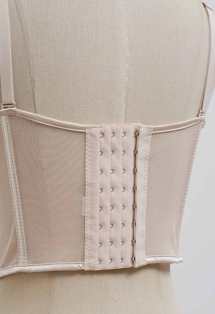 Pear-Shaped Rhinestone Pleated Mesh Bra Top in Nude