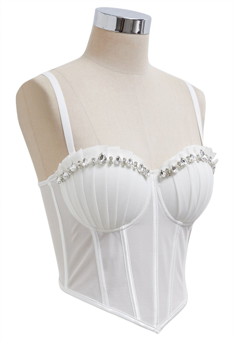 Pear-Shaped Rhinestone Pleated Mesh Bra Top in White
