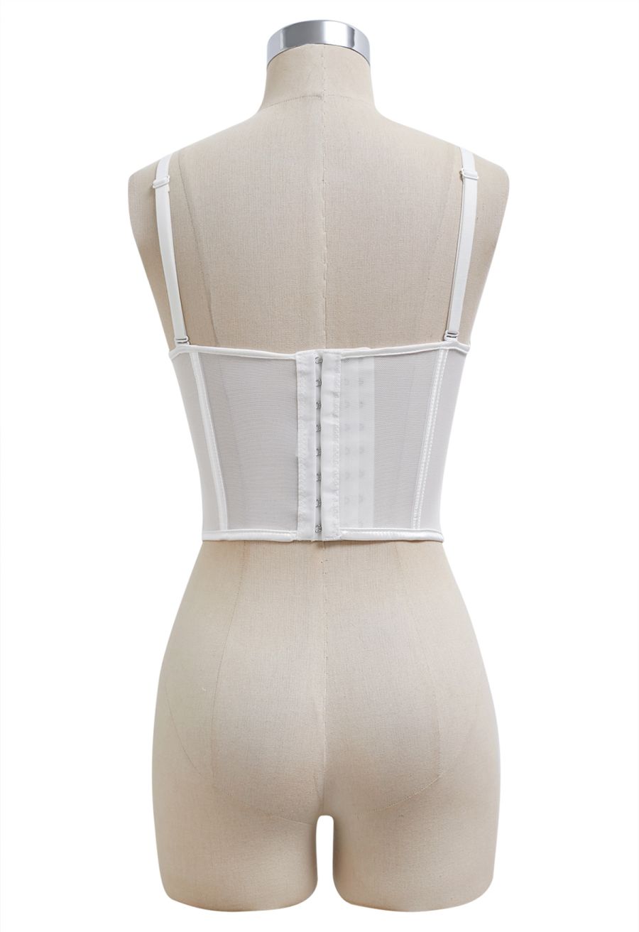Pear-Shaped Rhinestone Pleated Mesh Bra Top in White