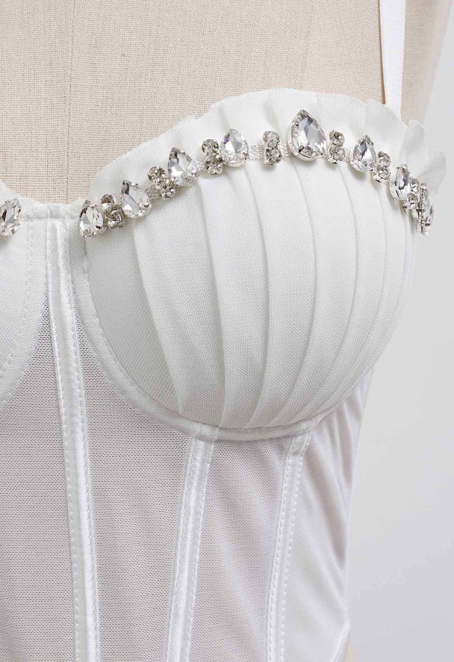 Pear-Shaped Rhinestone Pleated Mesh Bra Top in White