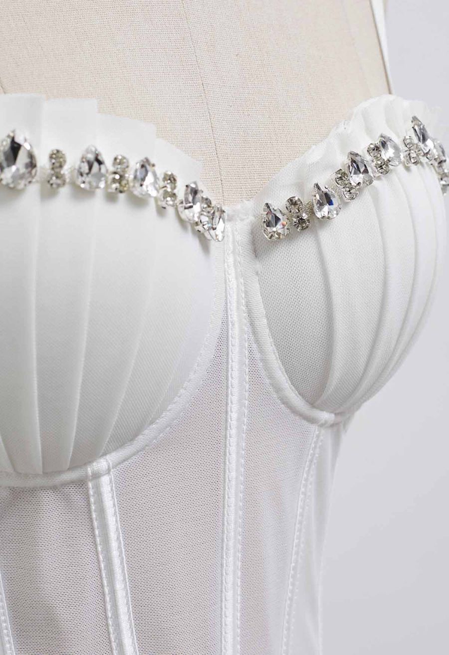 Pear-Shaped Rhinestone Pleated Mesh Bra Top in White