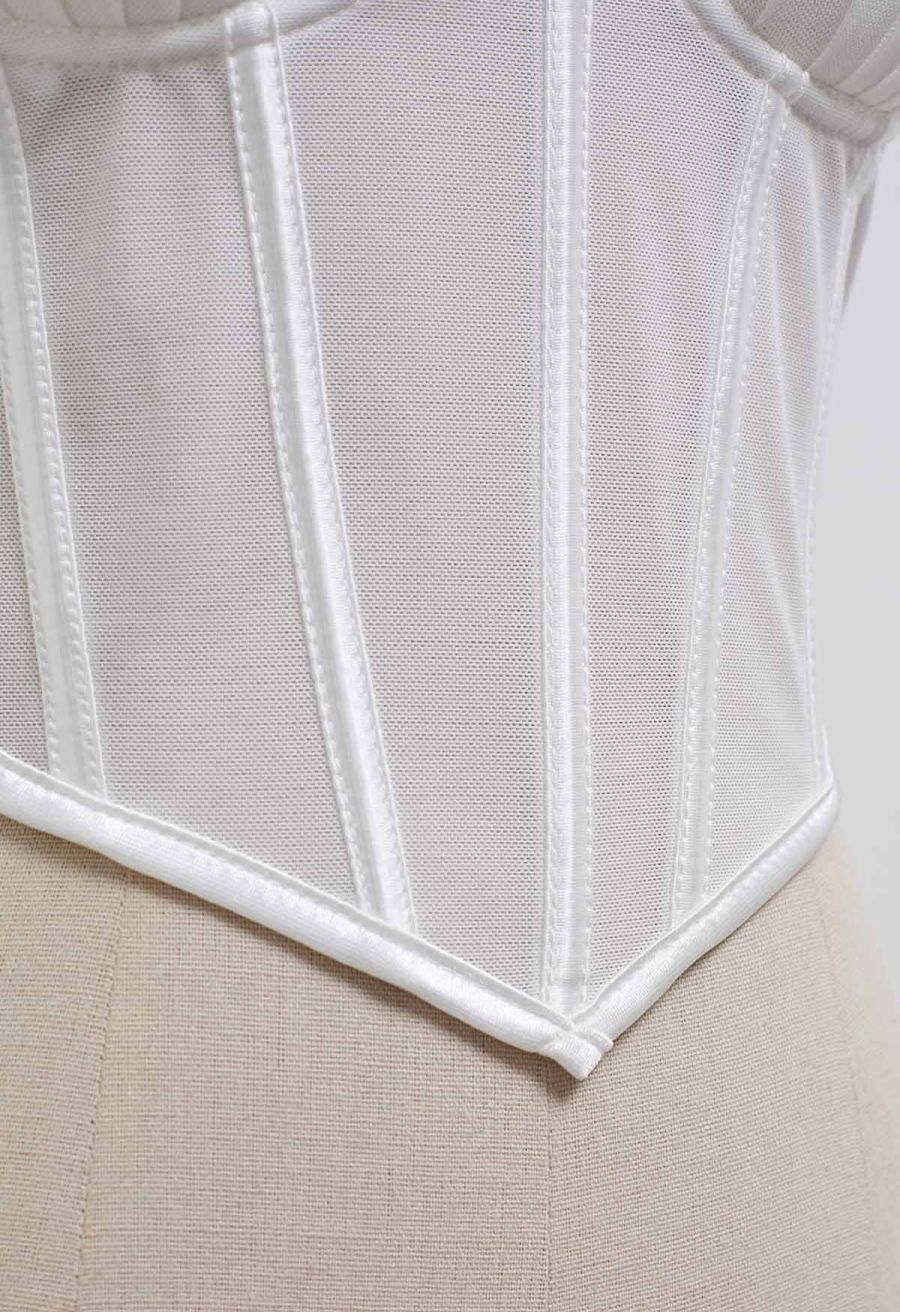 Pear-Shaped Rhinestone Pleated Mesh Bra Top in White