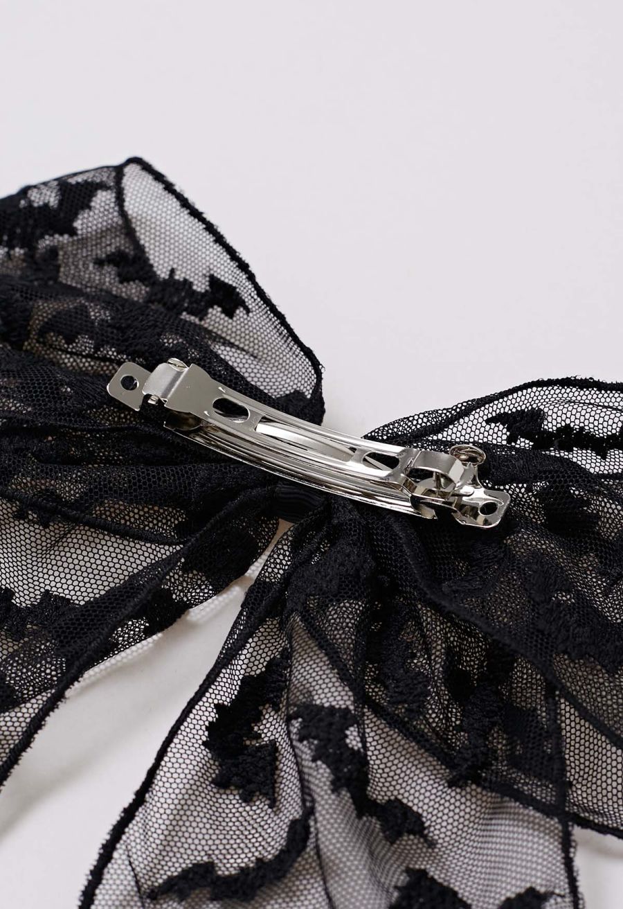Bat Embroidered Bow Mesh Hair Barrette in Black