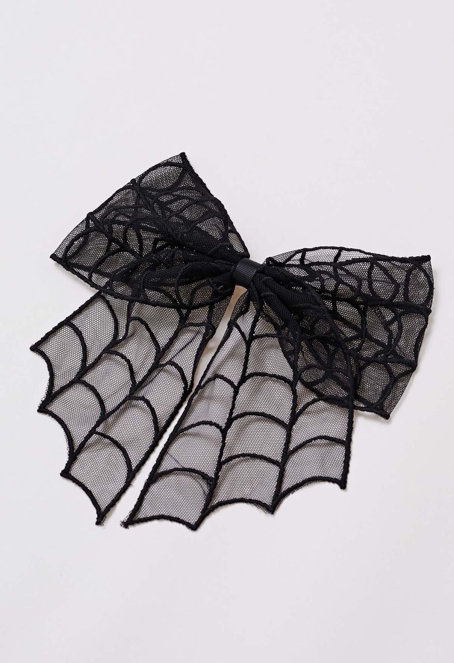 Spiderweb Embroidered Bow Hair Barrette in Black