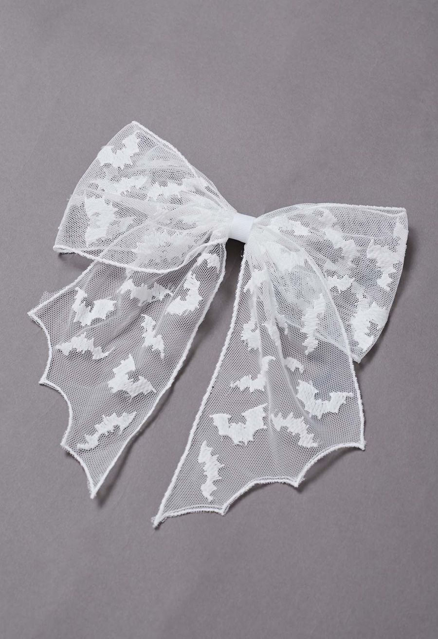 Bat Embroidered Bow Mesh Hair Barrette in White