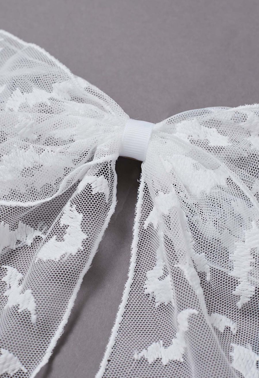 Bat Embroidered Bow Mesh Hair Barrette in White