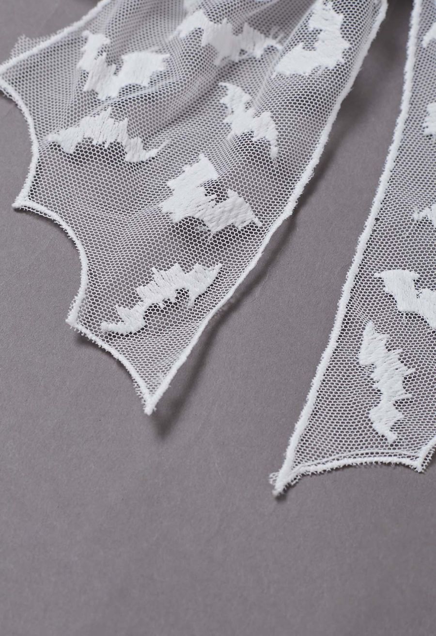 Bat Embroidered Bow Mesh Hair Barrette in White