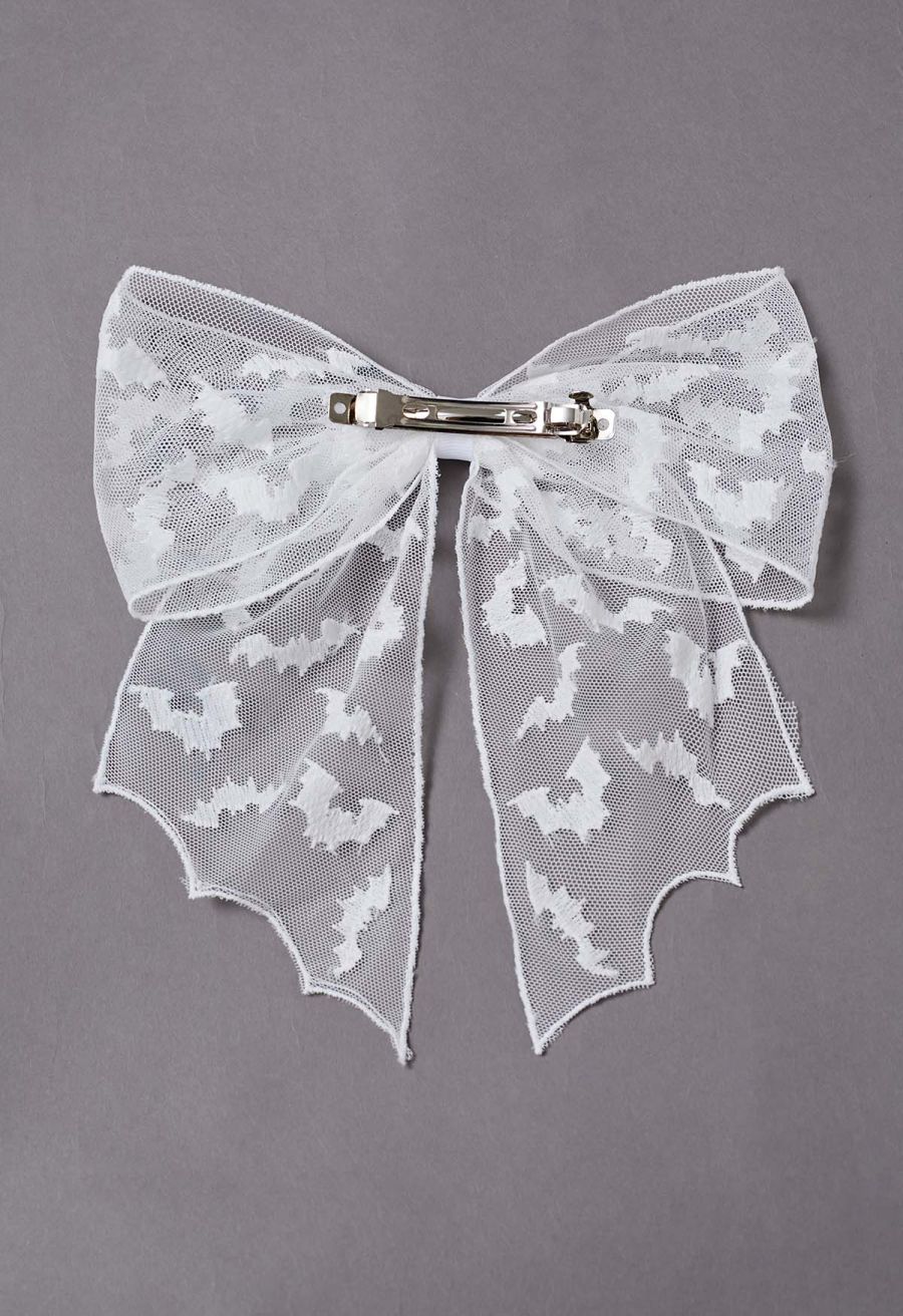 Bat Embroidered Bow Mesh Hair Barrette in White