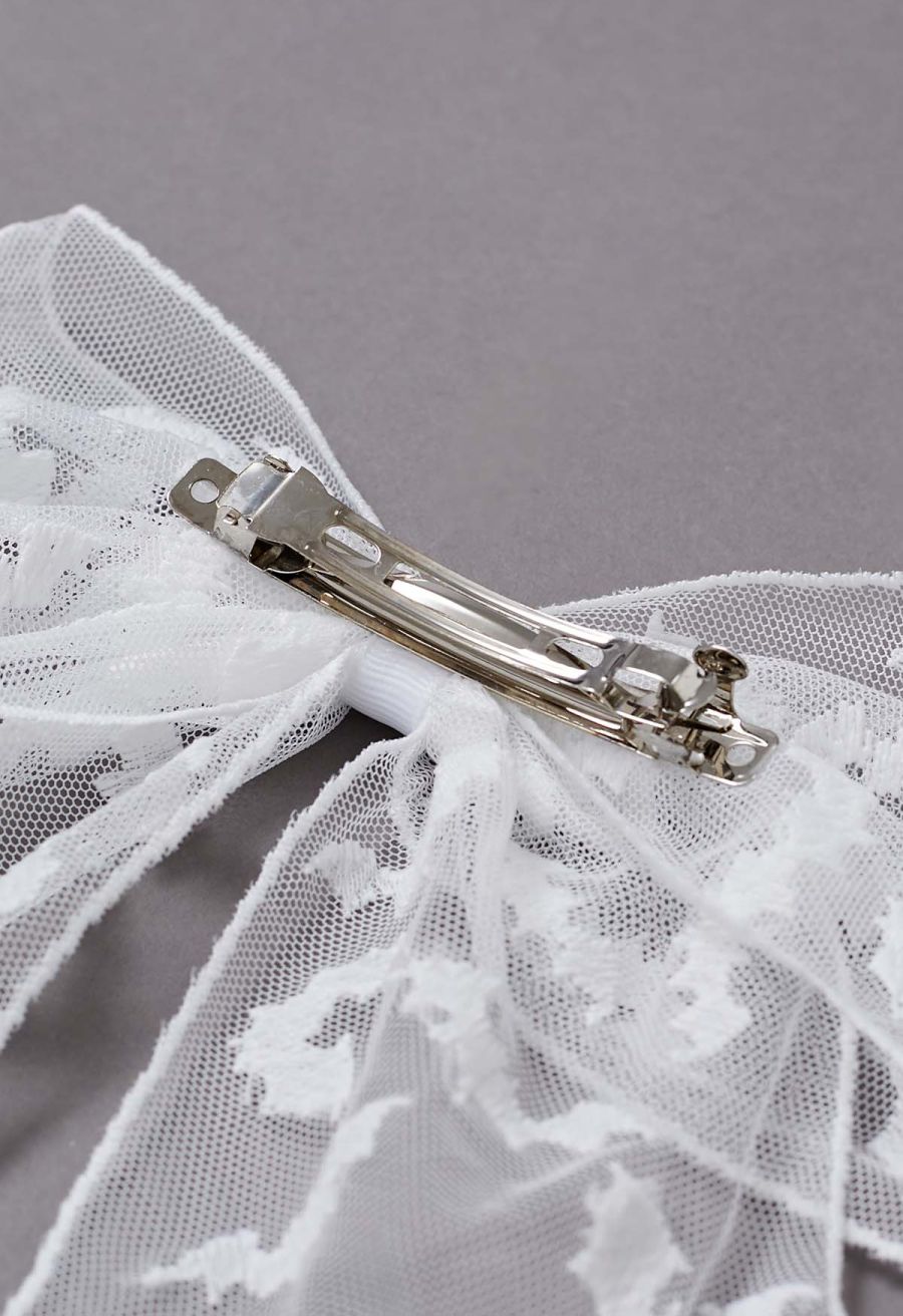 Bat Embroidered Bow Mesh Hair Barrette in White