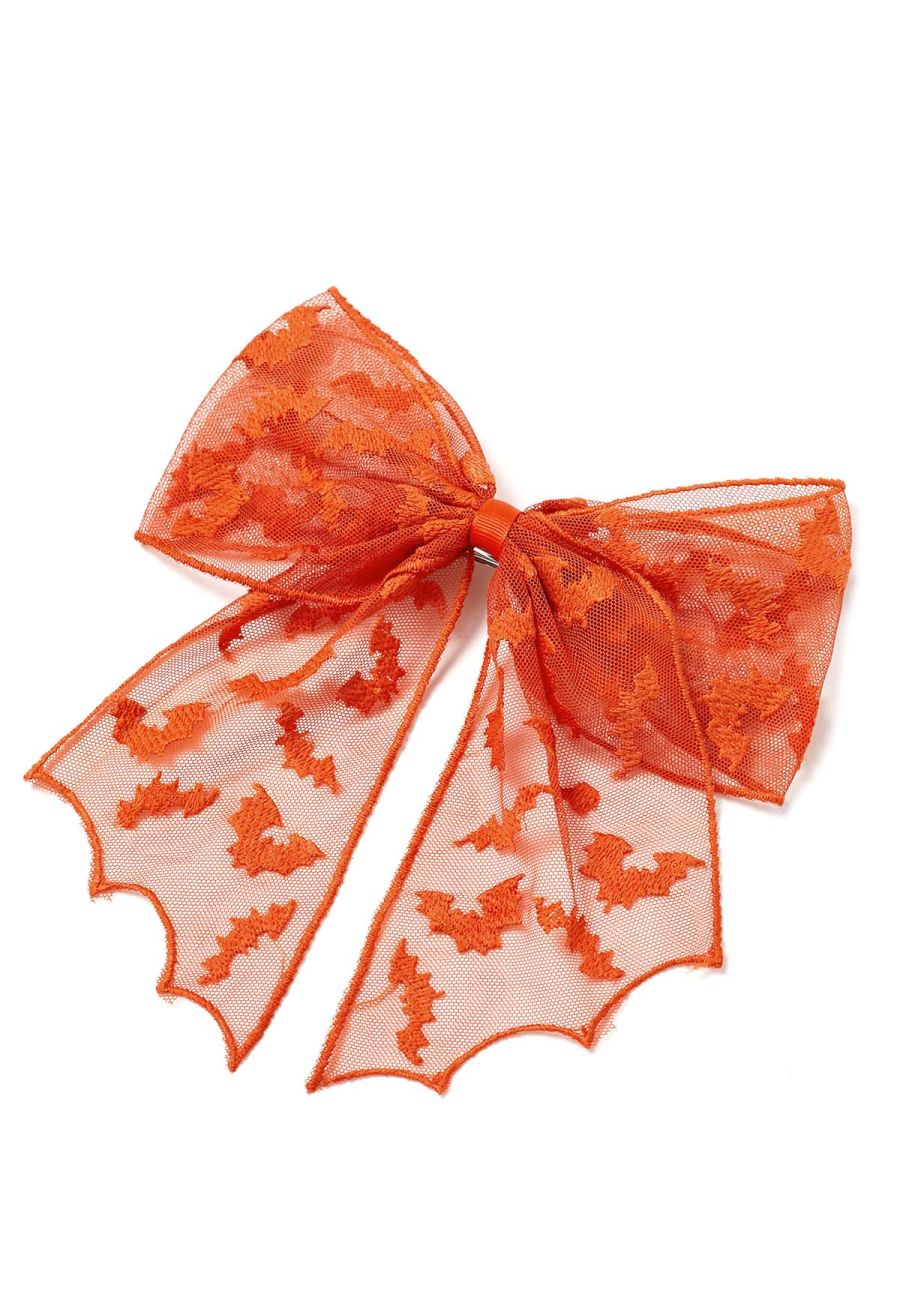 Bat Embroidered Bow Mesh Hair Barrette in Orange