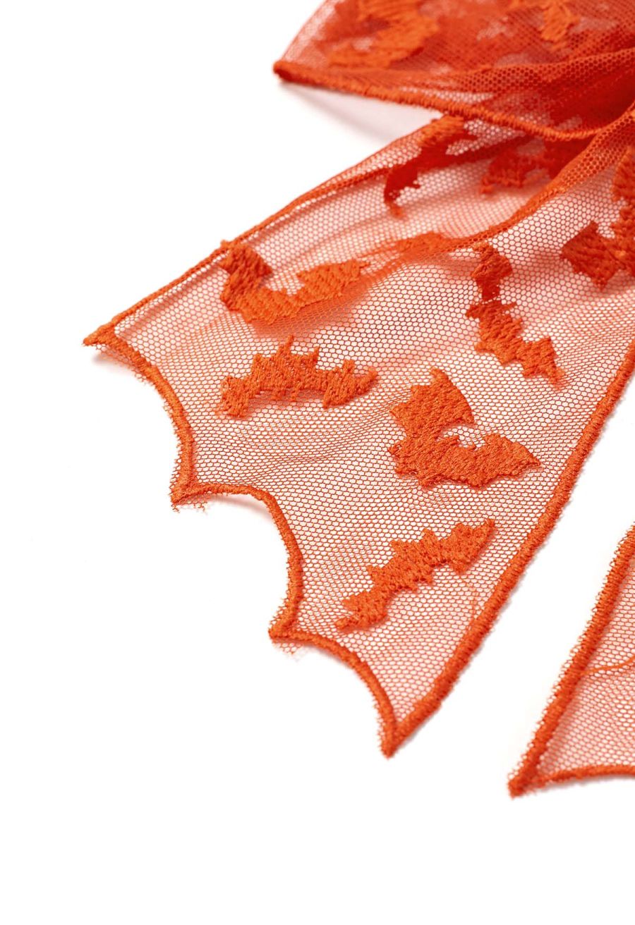 Bat Embroidered Bow Mesh Hair Barrette in Orange