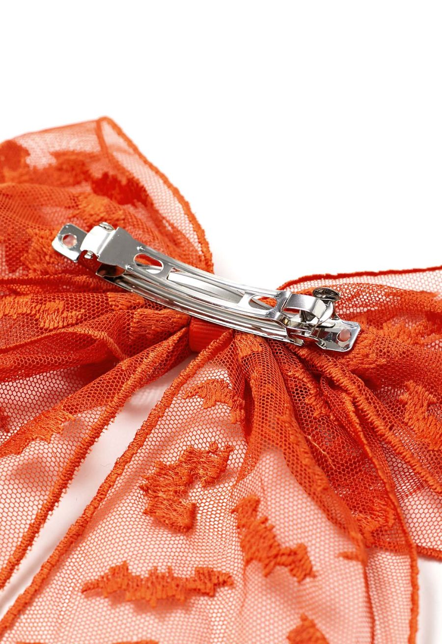 Bat Embroidered Bow Mesh Hair Barrette in Orange