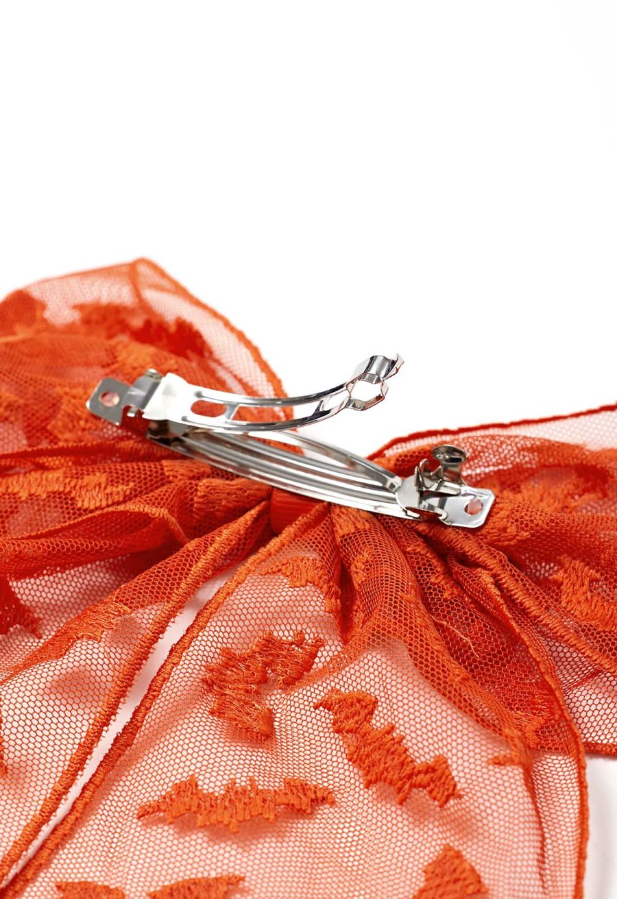 Bat Embroidered Bow Mesh Hair Barrette in Orange