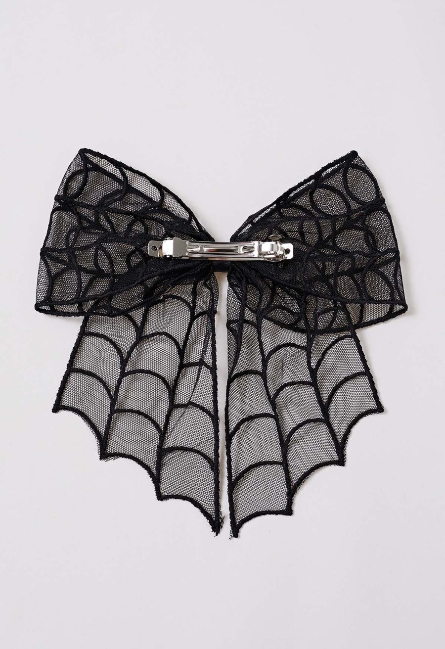 Spiderweb Embroidered Bow Hair Barrette in Black
