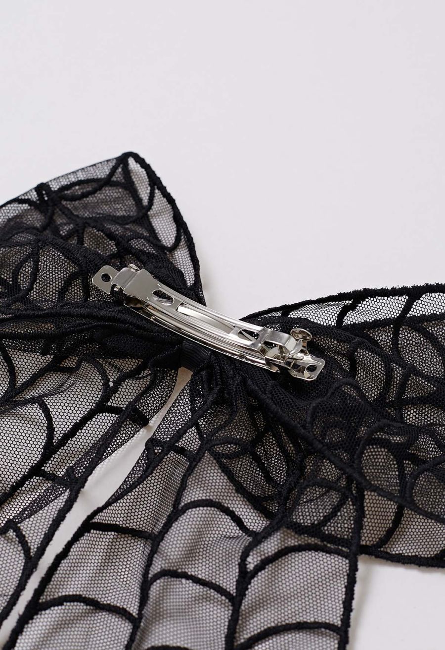 Spiderweb Embroidered Bow Hair Barrette in Black