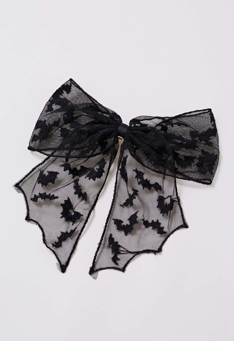 Bat Embroidered Bow Mesh Hair Barrette in Black