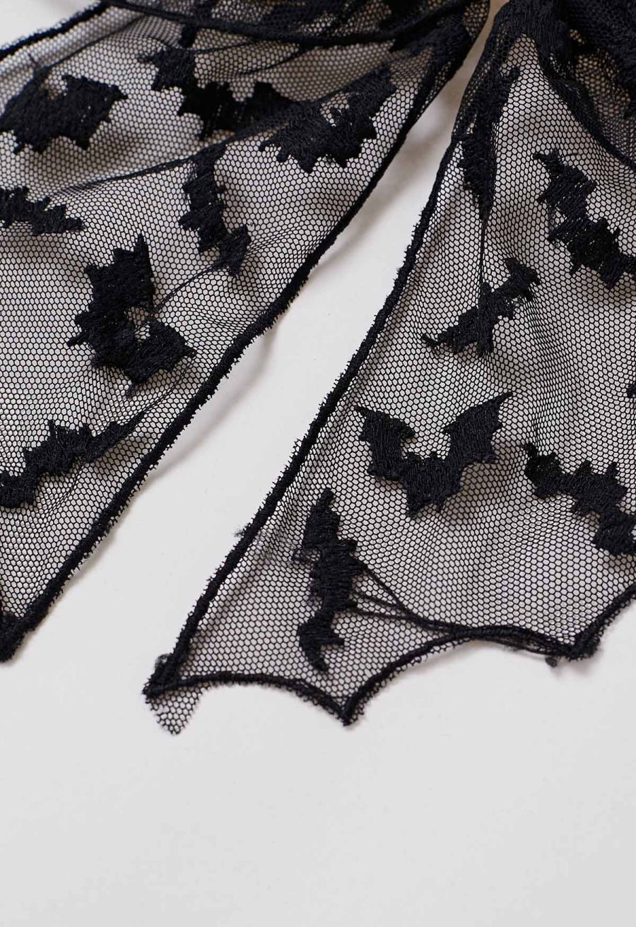 Bat Embroidered Bow Mesh Hair Barrette in Black