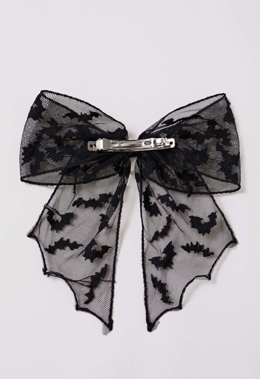 Bat Embroidered Bow Mesh Hair Barrette in Black