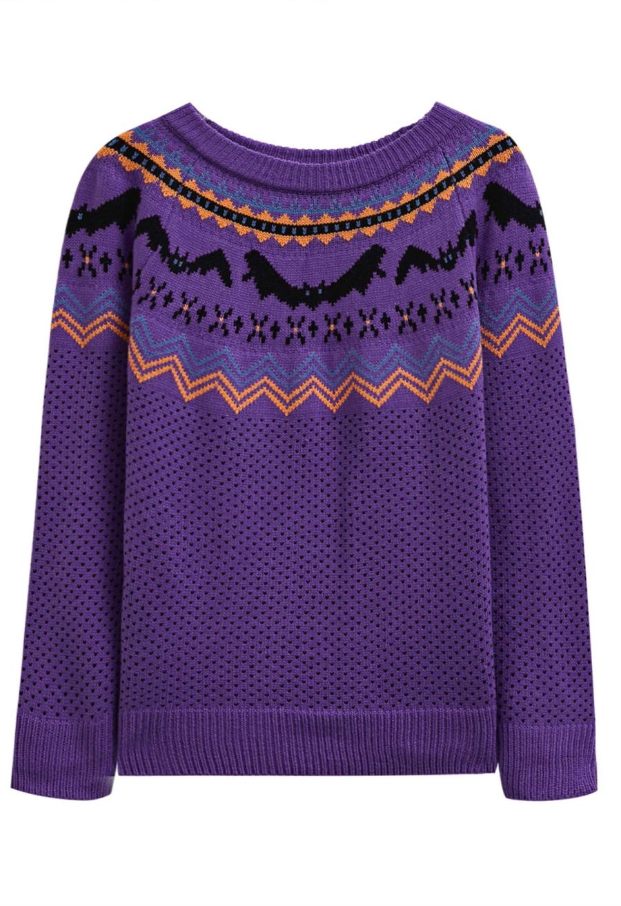 Spooky Bats Ribbed Knit Sweater in Purple