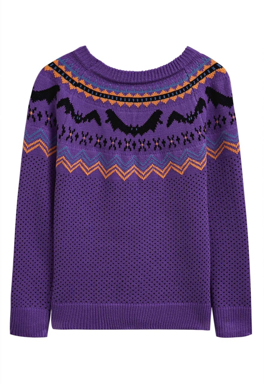 Spooky Bats Ribbed Knit Sweater in Purple