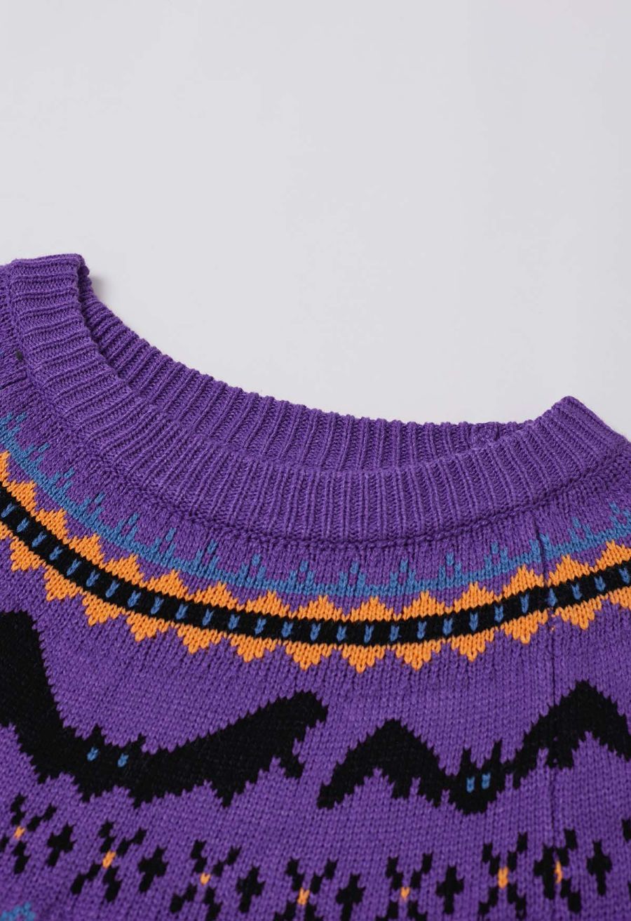 Spooky Bats Ribbed Knit Sweater in Purple